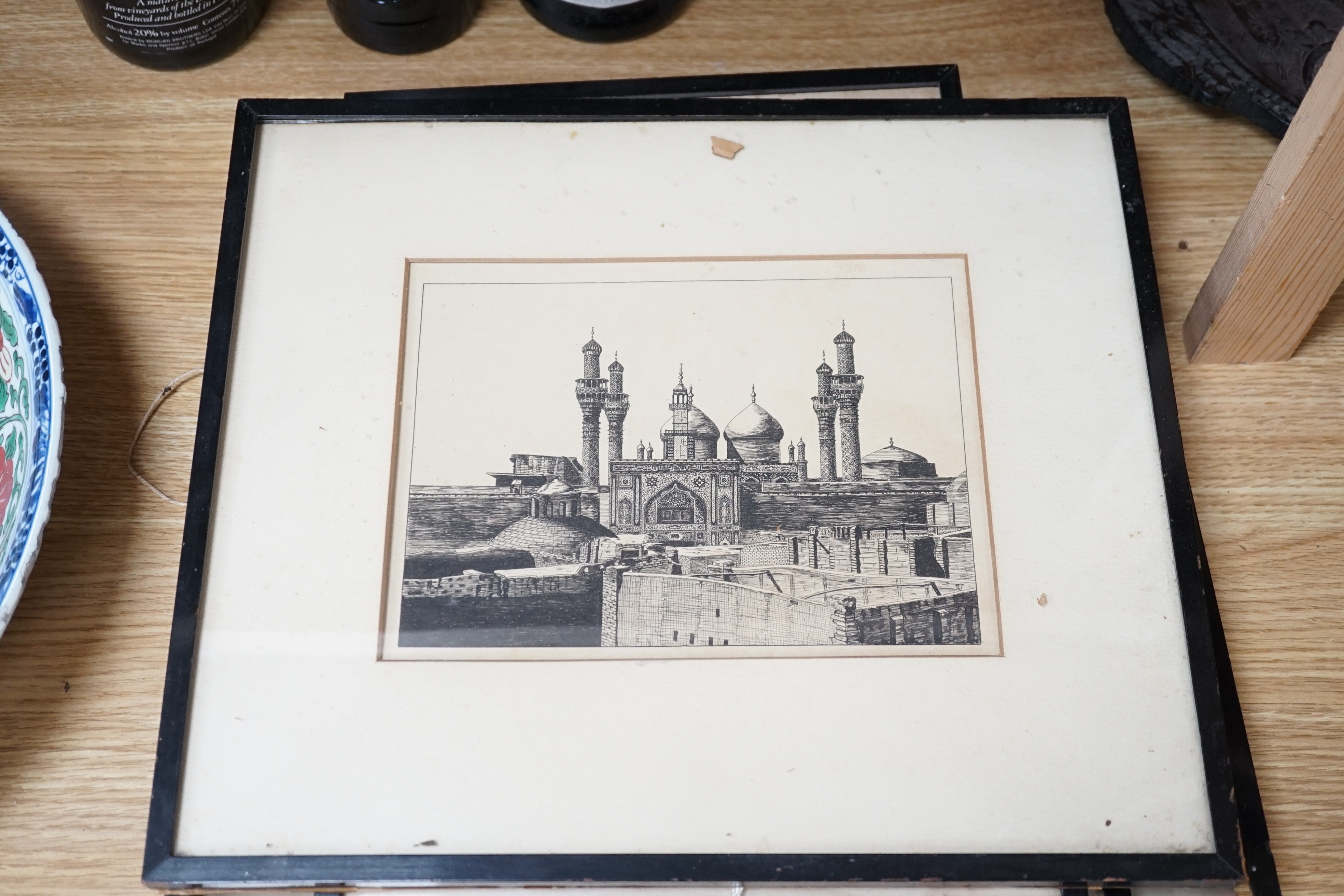 WVC 1926, four pen and ink drawings, Two men riding a camel and three views of mosques, largest 19 x 26cm